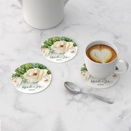 Elegant White Floral Design Customized Photo Printed Circle Tea & Coffee Coasters