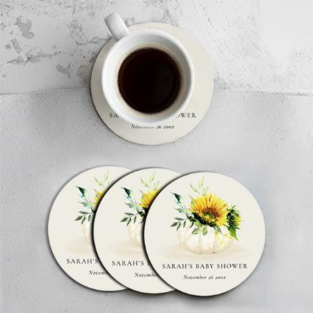 Cute Rustic Sunflower Pumpkin Floral Baby Shower Customized Photo Printed Circle Tea & Coffee Coasters