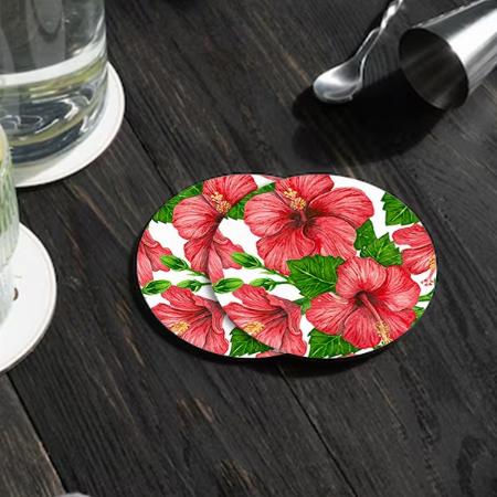 Red Hibiscus Watercolor Pattern Design Customized Photo Printed Circle Tea & Coffee Coasters