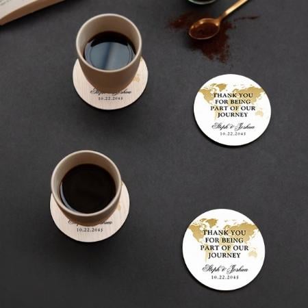 Gold World Map Travel Thank You Customized Photo Printed Circle Tea & Coffee Coasters