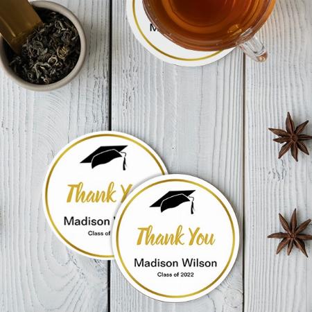Black White and Gold Grad Thank You Customized Photo Printed Circle Tea & Coffee Coasters