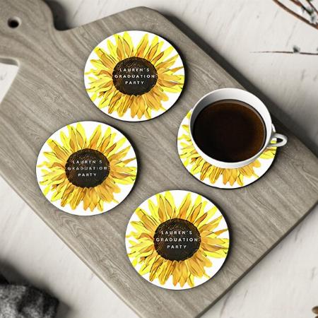 Painted Sunflower Graduation Party Customized Photo Printed Circle Tea & Coffee Coasters