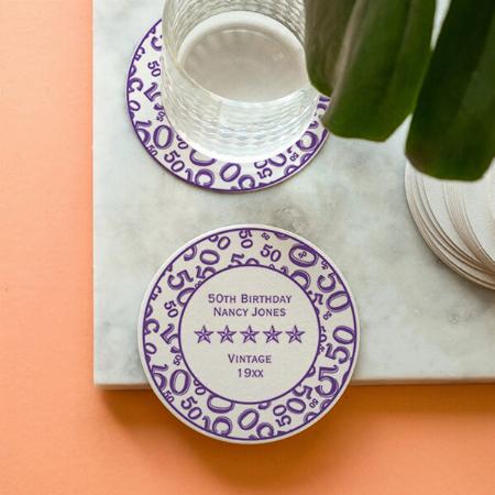 Happy Birthday Party Purple Number Pattern  Customized Photo Printed Circle Tea & Coffee Coasters