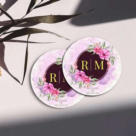 Wreath Floral Initial Letter Monogram Customized Photo Printed Circle Tea & Coffee Coasters