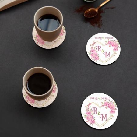 Elegant Minimal Pink Floral Heart Shape monogram Customized Photo Printed Circle Tea & Coffee Coasters