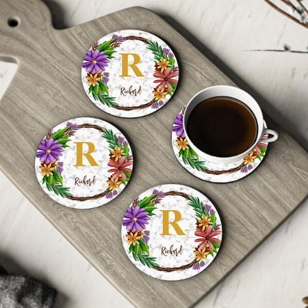 Floral Wreath Initial Letter Monogram Customized Photo Printed Circle Tea & Coffee Coasters