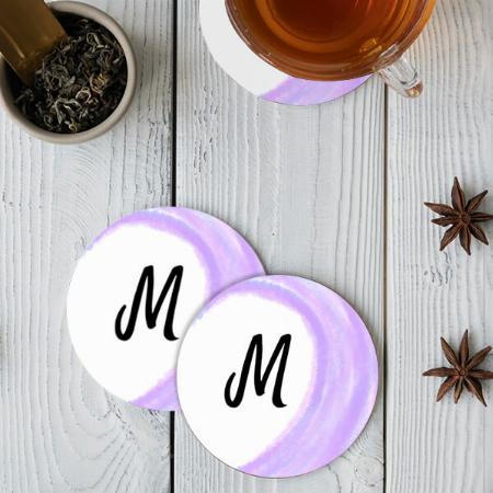 Purple watercolor monogram Design Customized Photo Printed Circle Tea & Coffee Coasters