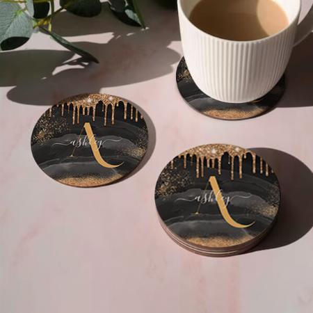 Gold Dripping Glitter Monogram Customized Photo Printed Circle Tea & Coffee Coasters