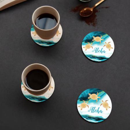 Gold Turtles Aloha Teal Ink Customized Photo Printed Circle Tea & Coffee Coasters
