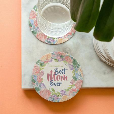 Happy Mother's Day Watercolor Floral Design Customized Photo Printed Circle Tea & Coffee Coasters
