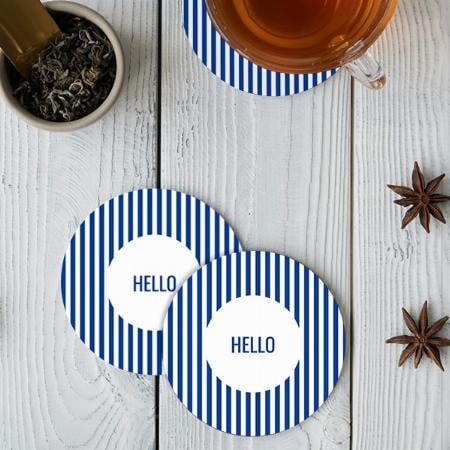 Blue Stripe with Hello Text Customized Photo Printed Circle Tea & Coffee Coasters