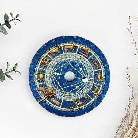 Blue Antique Gold Zodiac Wheel Astrology Round Customized Photo Printed Circle Tea & Coffee Coasters