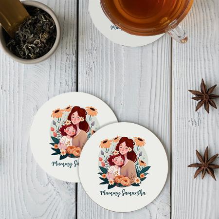 Floral Mom and Daughter Customized Photo Printed Circle Tea & Coffee Coasters