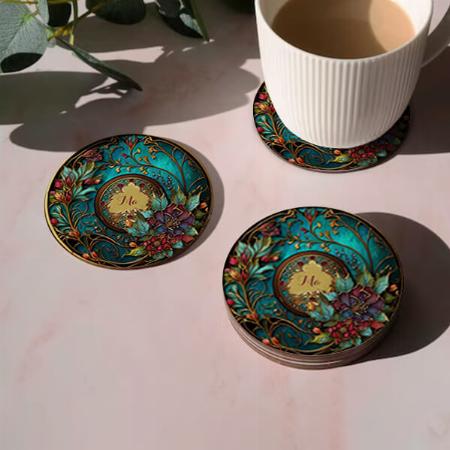 Abstract Teal And Pink Stained Glass Mother's Day Customized Photo Printed Circle Tea & Coffee Coasters