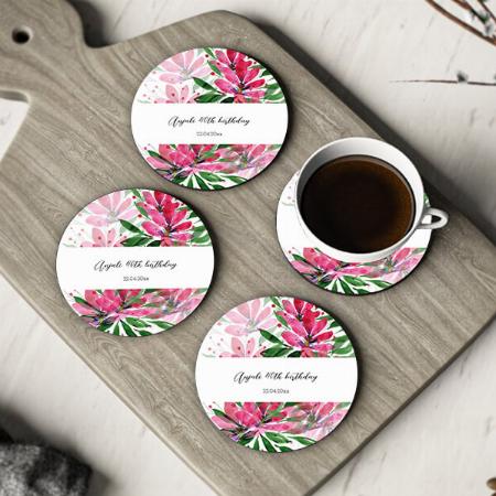 Pink Floral Design Customized Photo Printed Circle Tea & Coffee Coasters