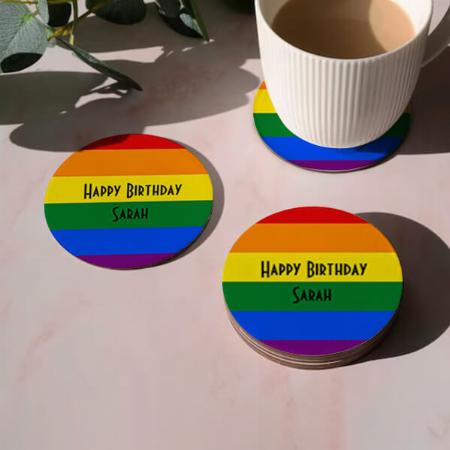 Happy Birthday Rainbow Color Pattern Customized Photo Printed Circle Tea & Coffee Coasters