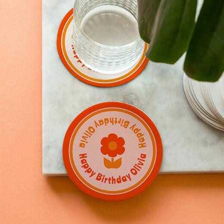 Happy Birthday Cute Retro Orange Flower Customized Photo Printed Circle Tea & Coffee Coasters