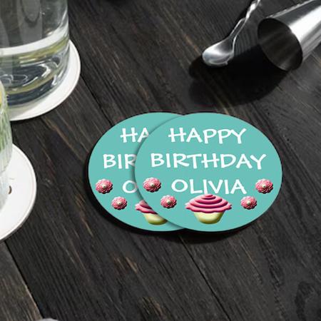 Blue Happy Birthday Cupcake Design Customized Photo Printed Circle Tea & Coffee Coasters