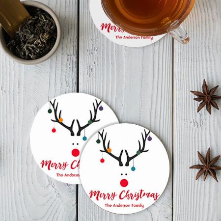 Merry Christmas Minimalist And Cute Reindeer Customized Photo Printed Circle Tea & Coffee Coasters