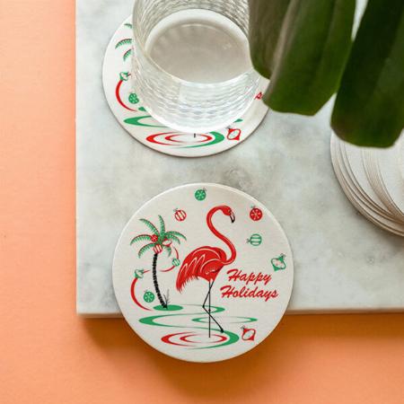 Red Flamingo Christmas Design Customized Photo Printed Circle Tea & Coffee Coasters