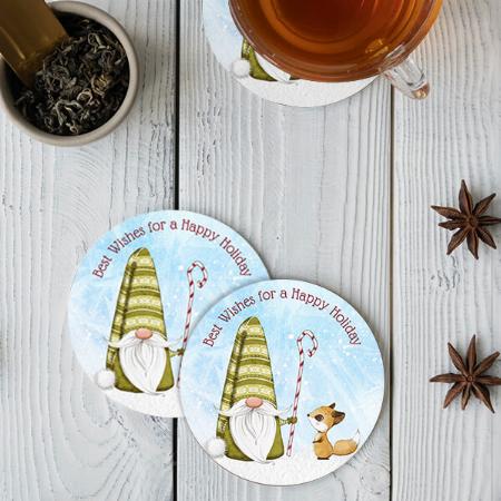 Gnome and Fox Best Wishes Customized Photo Printed Circle Tea & Coffee Coasters