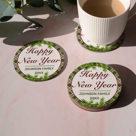 Happy New Year Green Red Plaid & Pine Branch Customized Photo Printed Circle Tea & Coffee Coasters