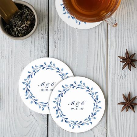 Blue Watercolor Floral Customized Photo Printed Circle Tea & Coffee Coasters