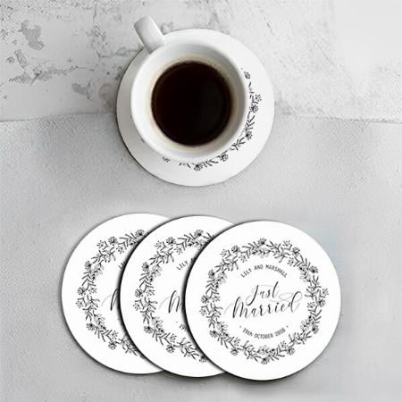 Just Married Floral Design Customized Photo Printed Circle Tea & Coffee Coasters
