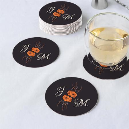 Elegant Orange Floral Monogram Customized Photo Printed Circle Tea & Coffee Coasters