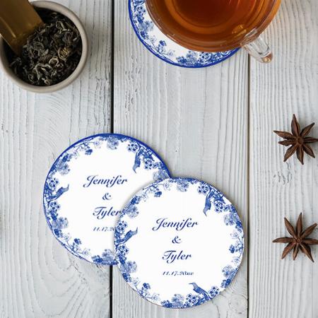Blue and White Floral Pattern with Bird Customized Photo Printed Circle Tea & Coffee Coasters