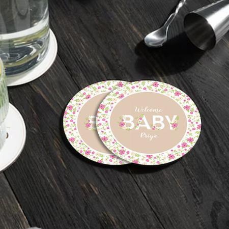 BabyText in Bloom Shower Pink Vintage Flowers Customized Photo Printed Circle Tea & Coffee Coasters