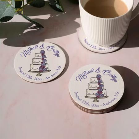 Purple Floral Wedding Cake Bridal Shower Customized Photo Printed Circle Tea & Coffee Coasters