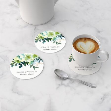 Rustic Watercolor Blue Green Floral Leaf Design Customized Photo Printed Circle Tea & Coffee Coasters