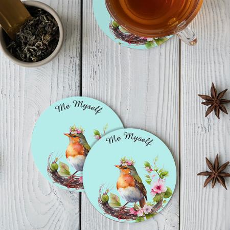 Beautiful Bird on Branches with Flowers Monogram Customized Photo Printed Circle Tea & Coffee Coasters