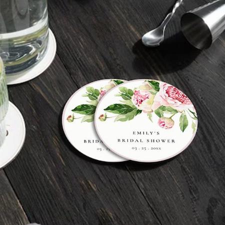 Elegant Pink Green Peony Floral Design Customized Photo Printed Circle Tea & Coffee Coasters