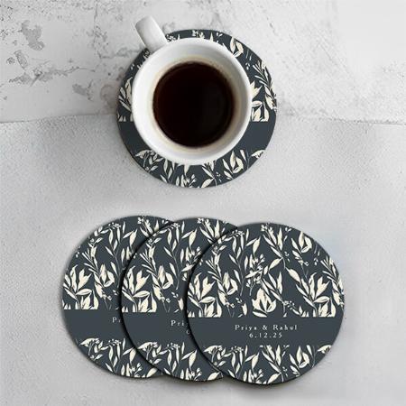 Boho Black Hand Drawn Floral Pattern Customized Photo Printed Circle Tea & Coffee Coasters