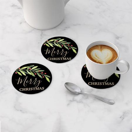 Holly and Berries on Black Merry Christmas Design Customized Photo Printed Circle Tea & Coffee Coasters
