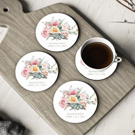 Watercolor Tulip and Butterfly Design Customized Photo Printed Circle Tea & Coffee Coasters