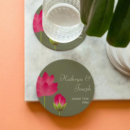 Modern Pink Green lotus Flowers Customized Photo Printed Circle Tea & Coffee Coasters