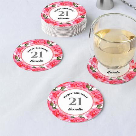 Watercolor Pink Rose Floral Pattern Illustration Customized Photo Printed Circle Tea & Coffee Coasters