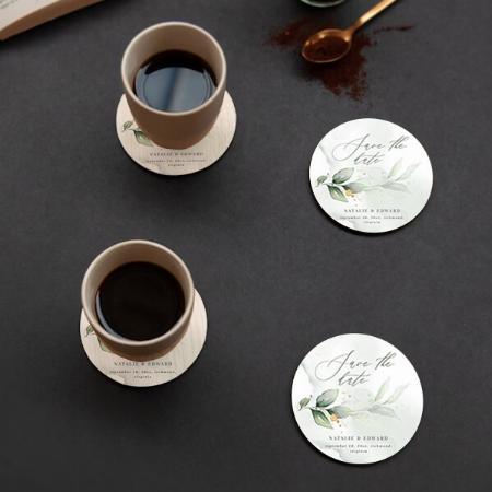 Wedding Watercolor Foliage and Gold Flower Customized Photo Printed Circle Tea & Coffee Coasters