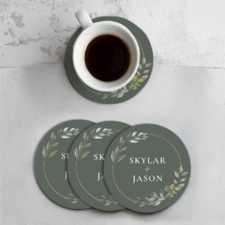 Minimal Leaf Greenery & Gold Design Customized Photo Printed Circle Tea & Coffee Coasters