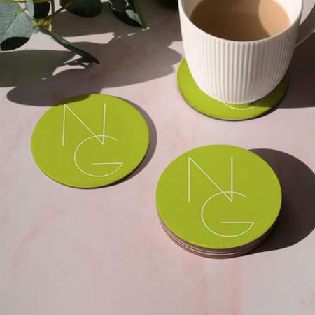 Lime Green Modern 2 Overlapping Initials Customized Photo Printed Circle Tea & Coffee Coasters