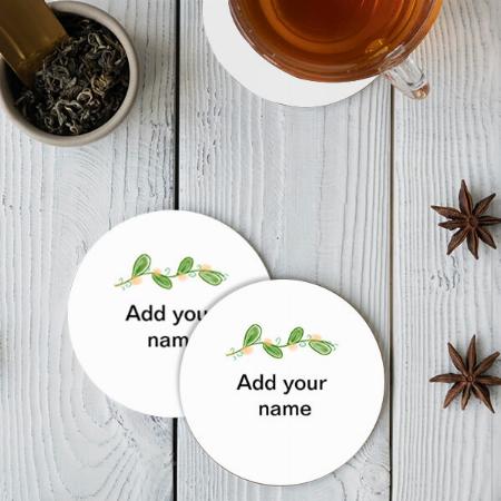 Simple Watercolor Green Leaf Monogram Customized Photo Printed Circle Tea & Coffee Coasters