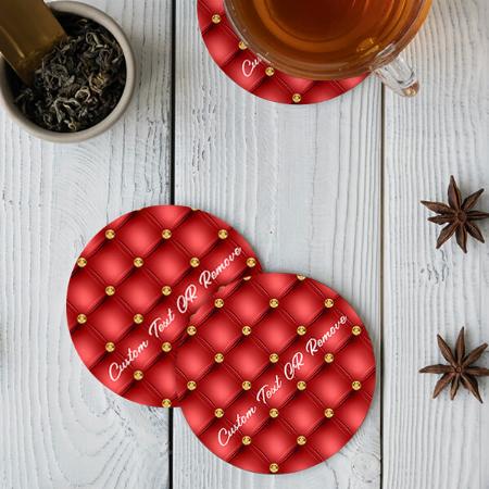 Golden Diamond Tufted Red Leather Customized Photo Printed Circle Tea & Coffee Coasters