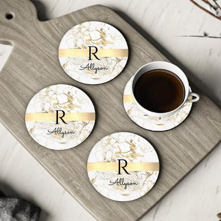 Marble Gold Bar Monogram Customized Photo Printed Circle Tea & Coffee Coasters