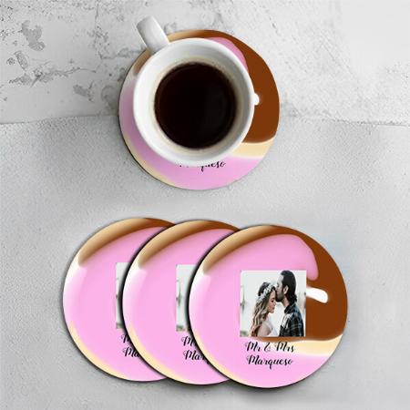 Simple Minimal Pink Brown Marble Add Photo Customized Photo Printed Circle Tea & Coffee Coasters