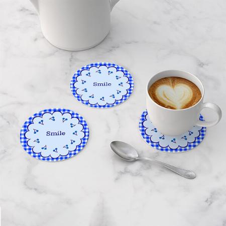 Blue  Cherry And Check Pattern Customized Photo Printed Circle Tea & Coffee Coasters