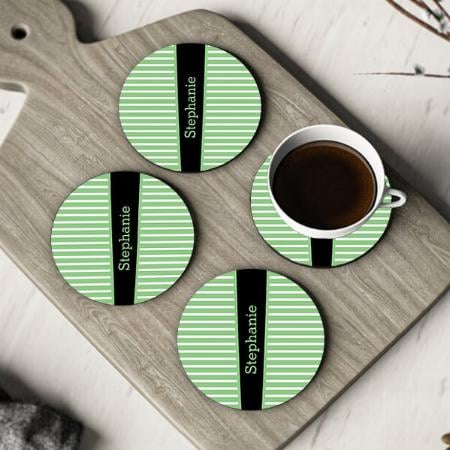 Green Black White Stripes Customized Photo Printed Circle Tea & Coffee Coasters