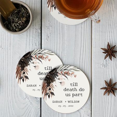 Wedding Boho Rustic Gothic Rust Black Botanical Flower Customized Photo Printed Circle Tea & Coffee Coasters